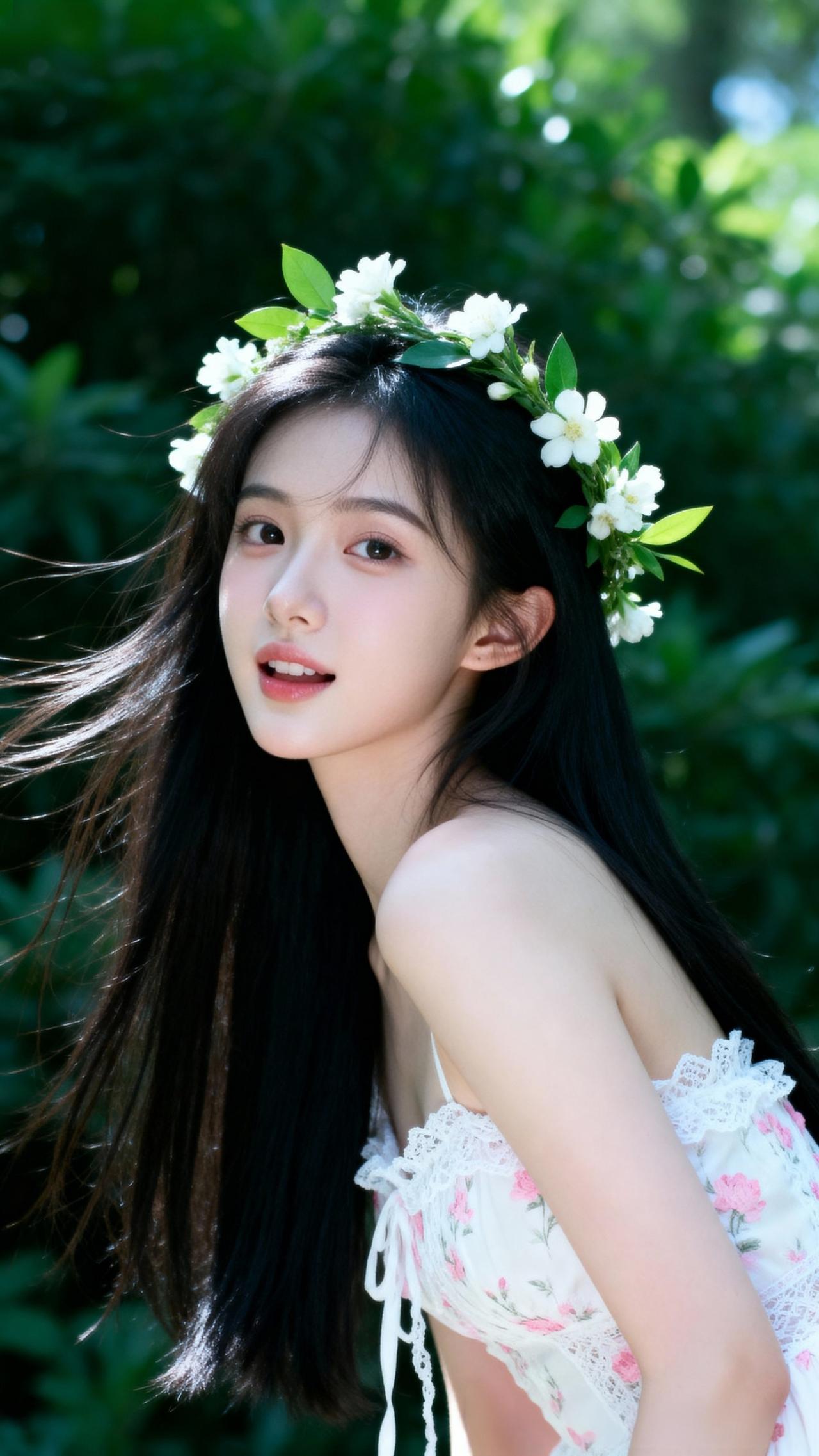 花环少女在绿意盎然中绽放，清新自然，美不胜收！🌸🌿让人心动的女孩子,你喜欢