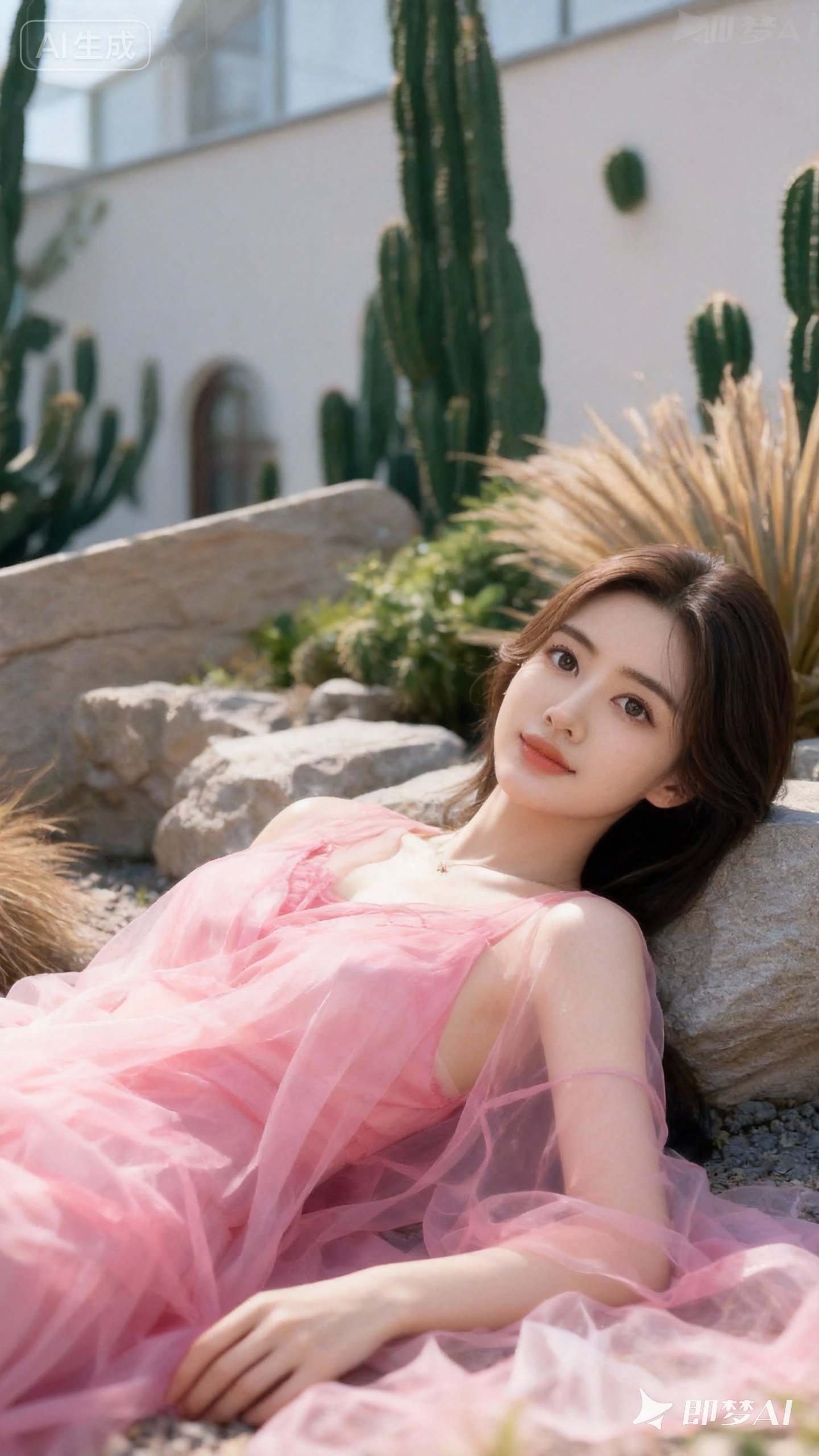 漂亮小姐姐，柔美的五官，侧躺，粉红色薄纱外衬，明艳动人，美人全身肖像...