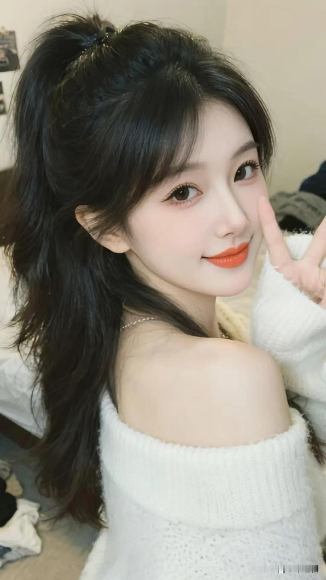 蓬松高马尾衬着清甜笑意，白针织衫滑落肩头。比出剪刀手的瞬间，把居家的松弛感与少女