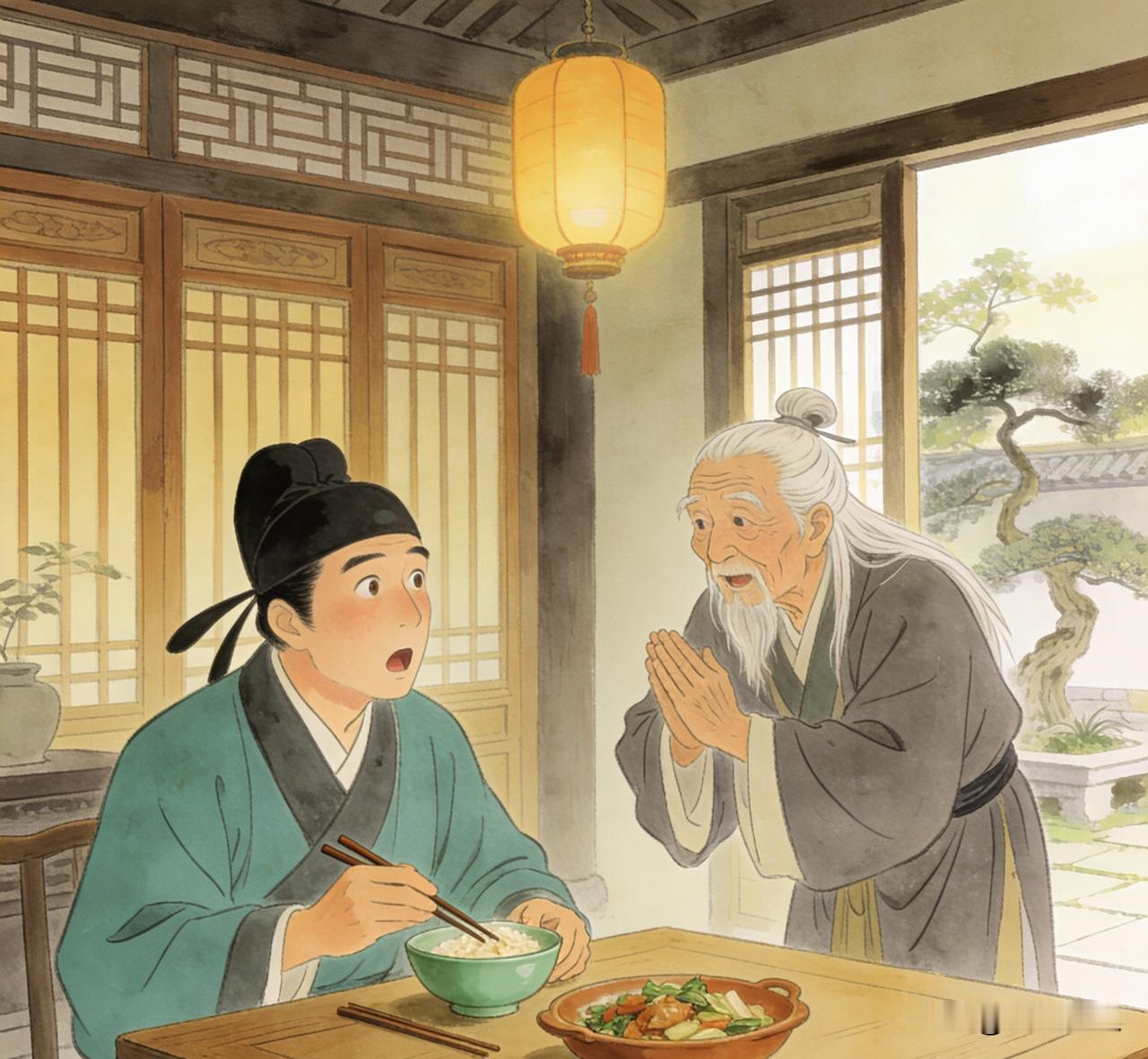 唐朝扶沟县令崔应，在家里吃午饭。突然一个鹤发童颜的老人闯来拜见，崔应一脸惊奇，老