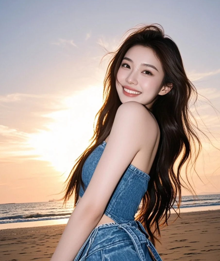 长发在沙滩上舞动，晚风轻抚，意境优美而神秘