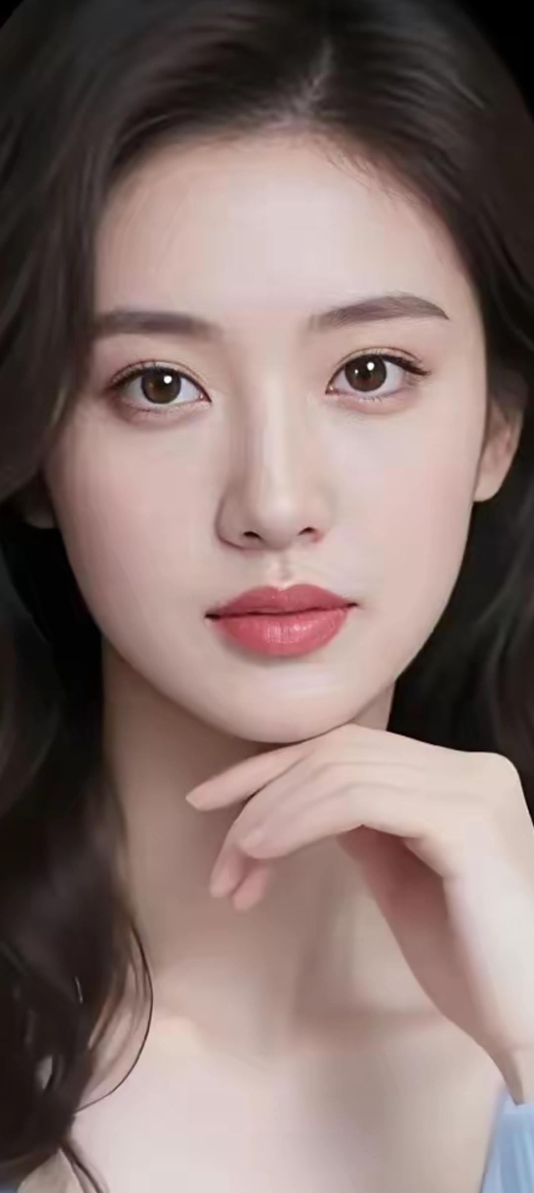 温柔甜美的少女，轻抚下巴，浅笑嫣然。