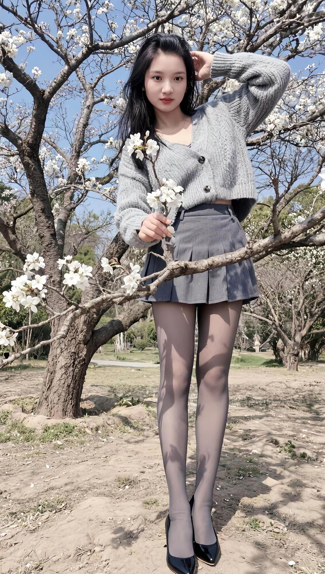 花枝拂面春风里，美人倚树笑语迟。分享精彩美拍