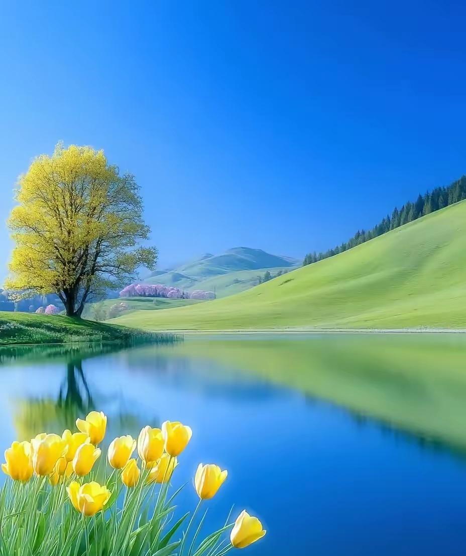 春日湖畔，金黄郁金香盛开，绿意盎然的山丘倒映在清澈的湖水中，宛如一幅美丽的画卷。