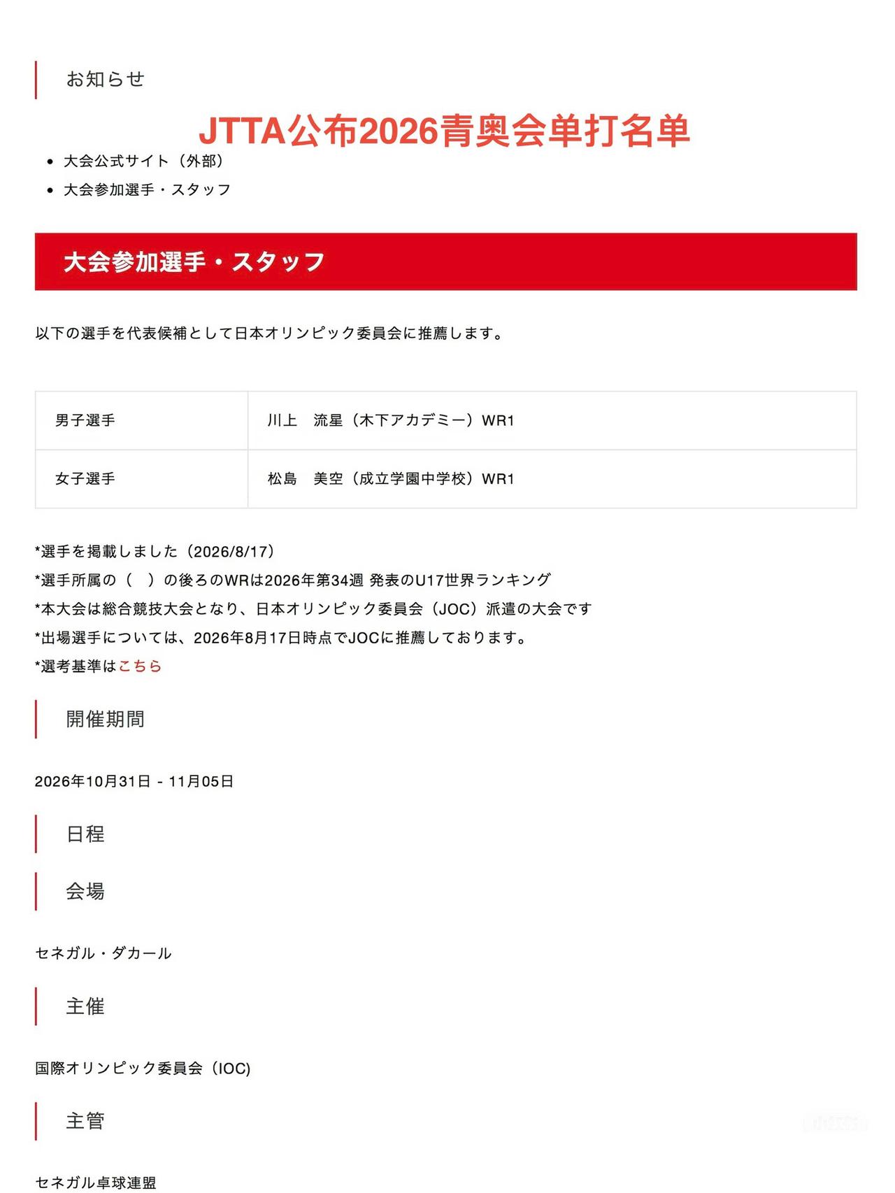 日乒协公布2026青奥会单打参赛名单男单：川上流星，女单：松岛美空，混双：