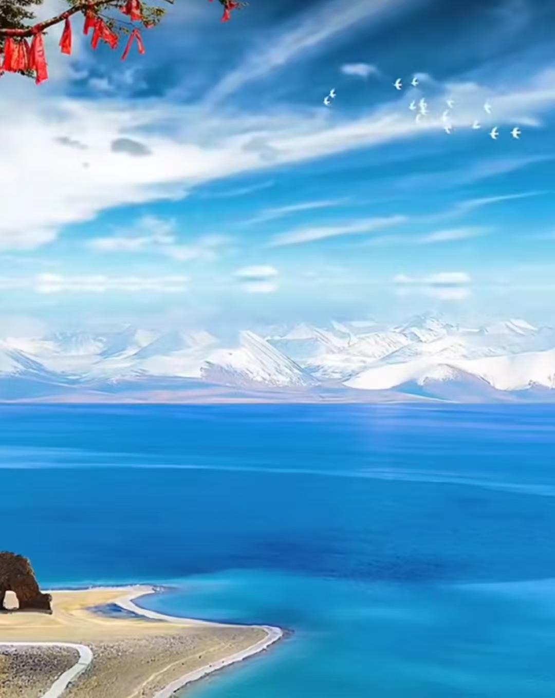 瀑布流水湖泊，景色很美，就像財源一樣滾滾而來。