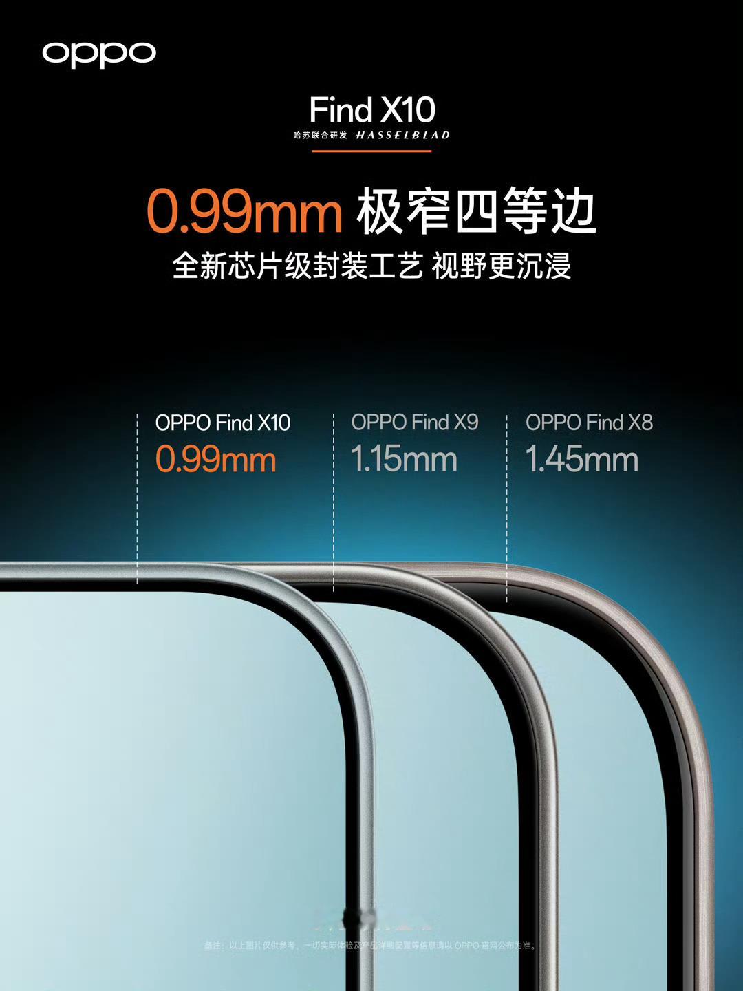 OPPOFindX10屏幕采用了全新封装工艺，实现了0.99㎜极窄四等边，