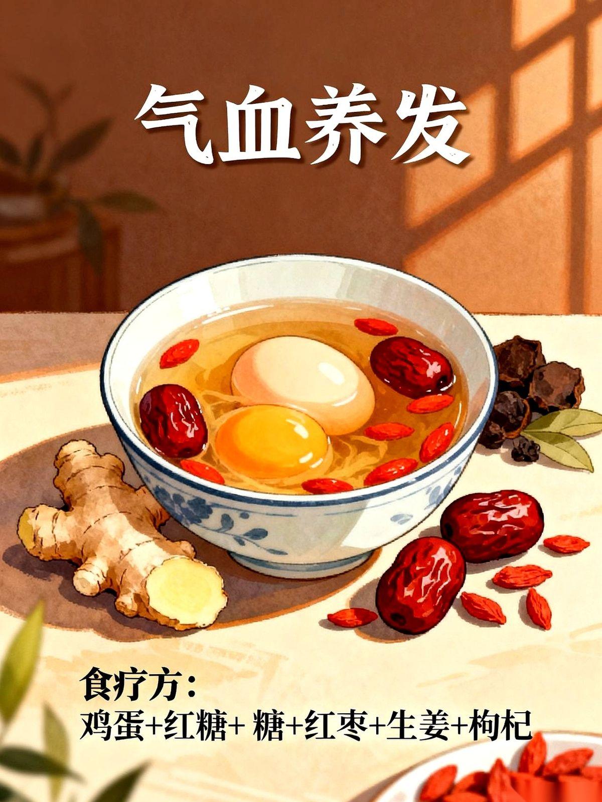 一个鸡蛋、一块红糖、三颗红枣、两片生姜加一小把枸杞，被端出来当成拯救白发和掉发的