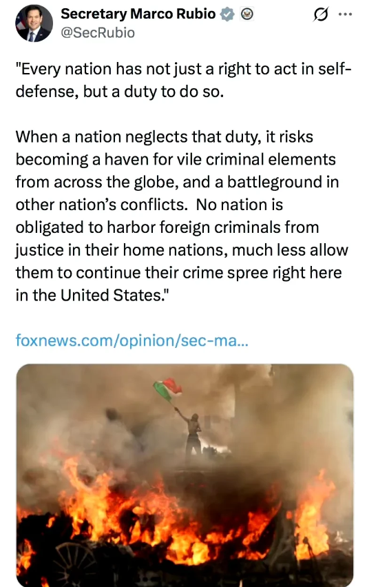 美国国务卿马可·鲁比奥就洛杉矶骚乱在社媒发文表态。他坚决支持遣返非法移民。以下是