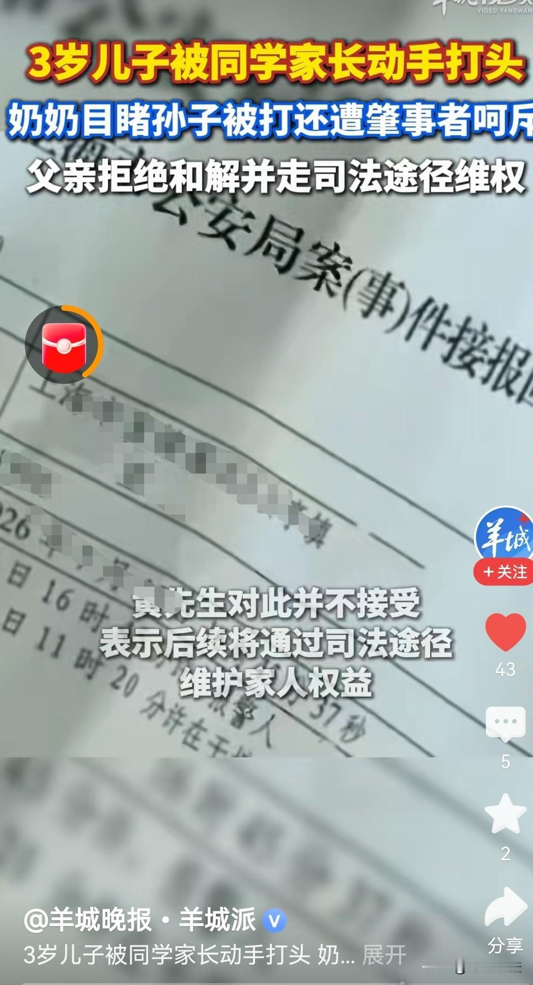 上海，黄先生的母亲将黄先生三岁半的儿子带到早教中心上课，儿子和一个孩子玩闹时，这