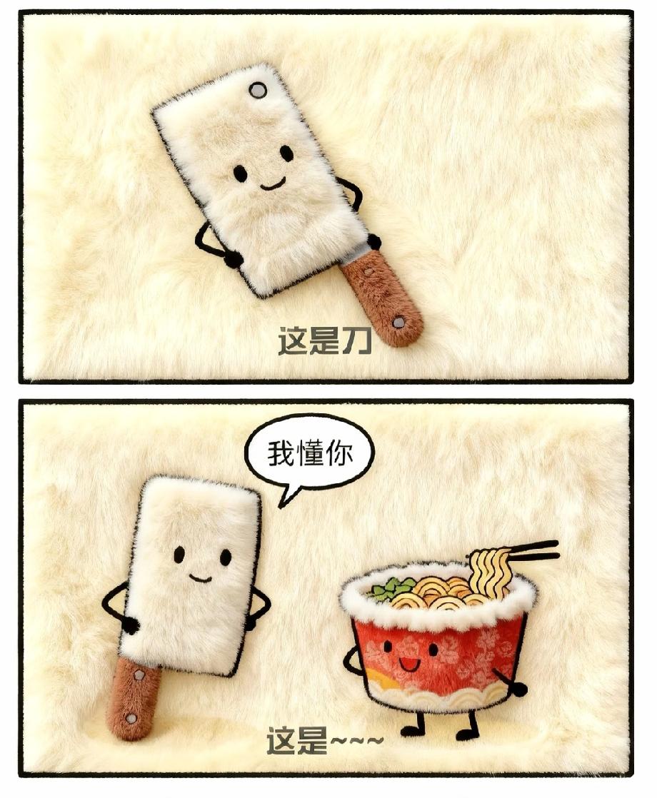  被这组毛绒漫画萌化了！“刀对泡面说我懂你”，这是什么神仙默契，你笑了吗