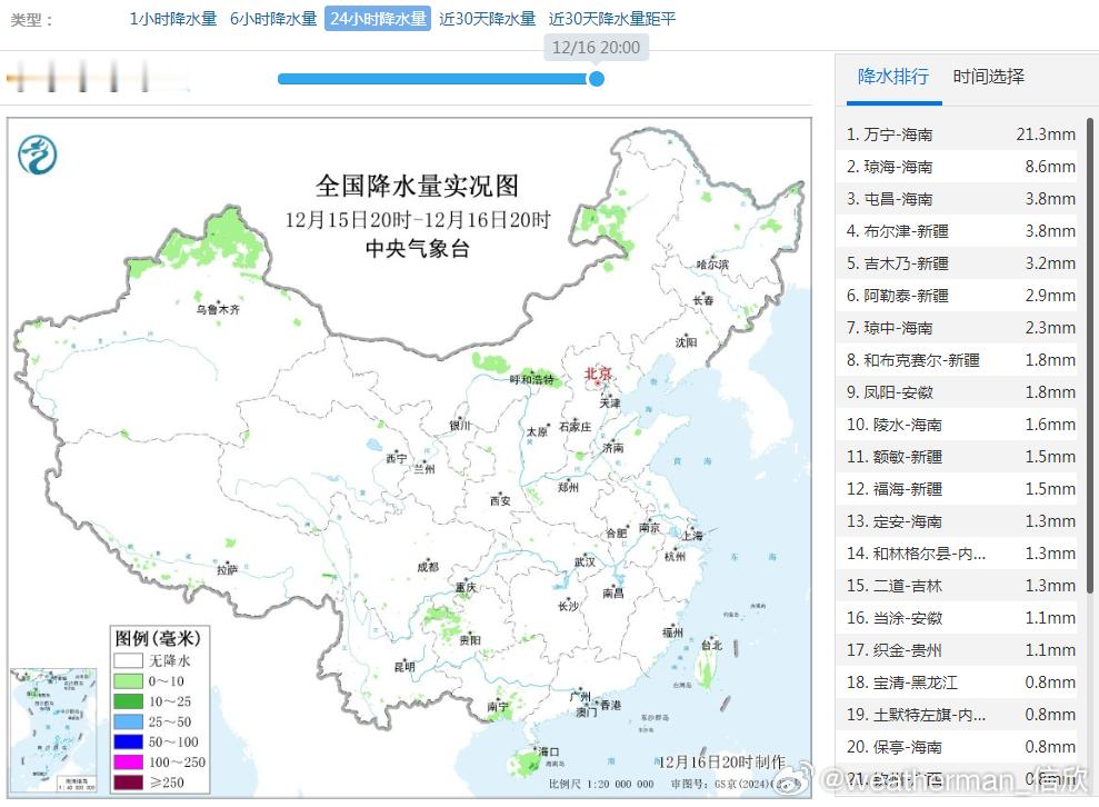 【雨雪】昨晚到今天，我国降水依然稀少，海南万宁出现中雨，为全国最强降雨站点。新疆