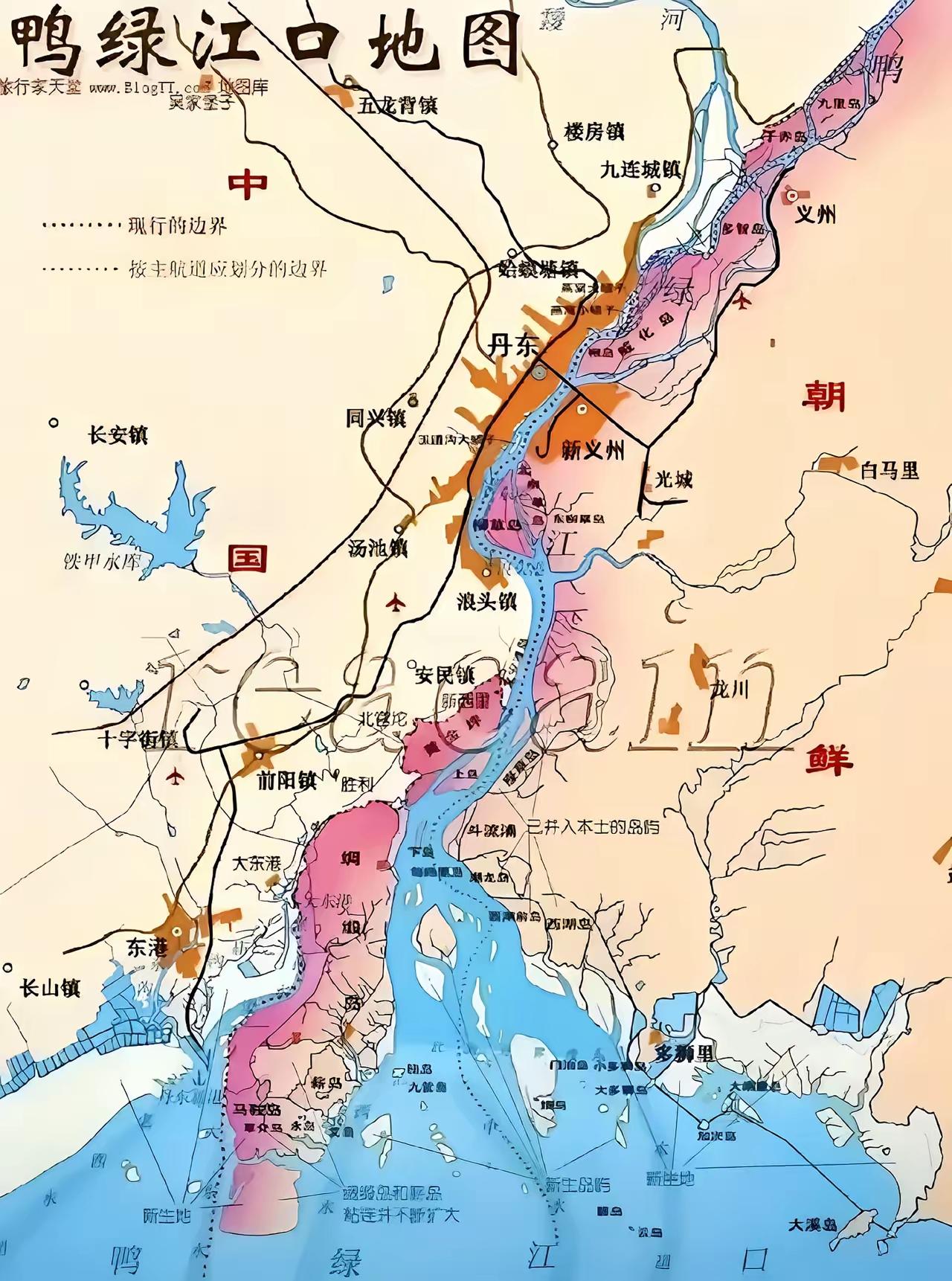 原来以为中朝边界是鸭绿江囗，但其实并不是以江中心线为界，几个岛屿都是朝鲜的，长见