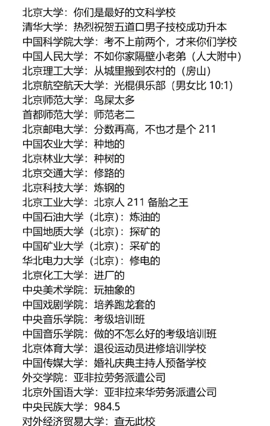 如何用一句话得罪北京的各高校？说中国农业大学是种地的，说北京科技大学是炼钢的，