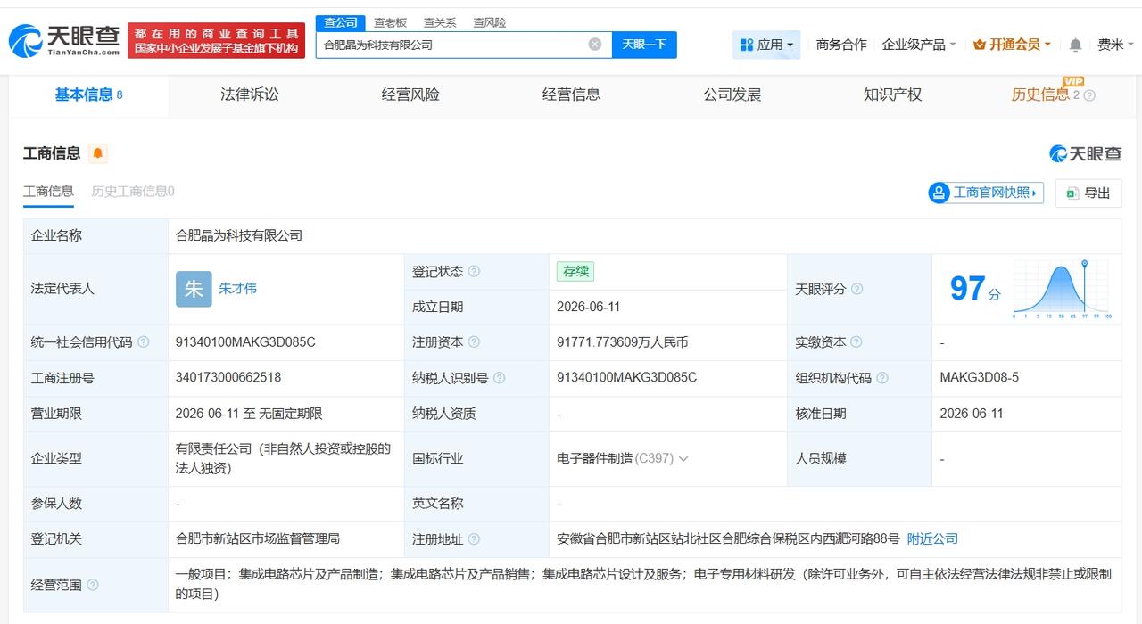 晶合集成在合肥成立新科技公司注册资本约9.2亿天眼查App显示，近日，合肥晶