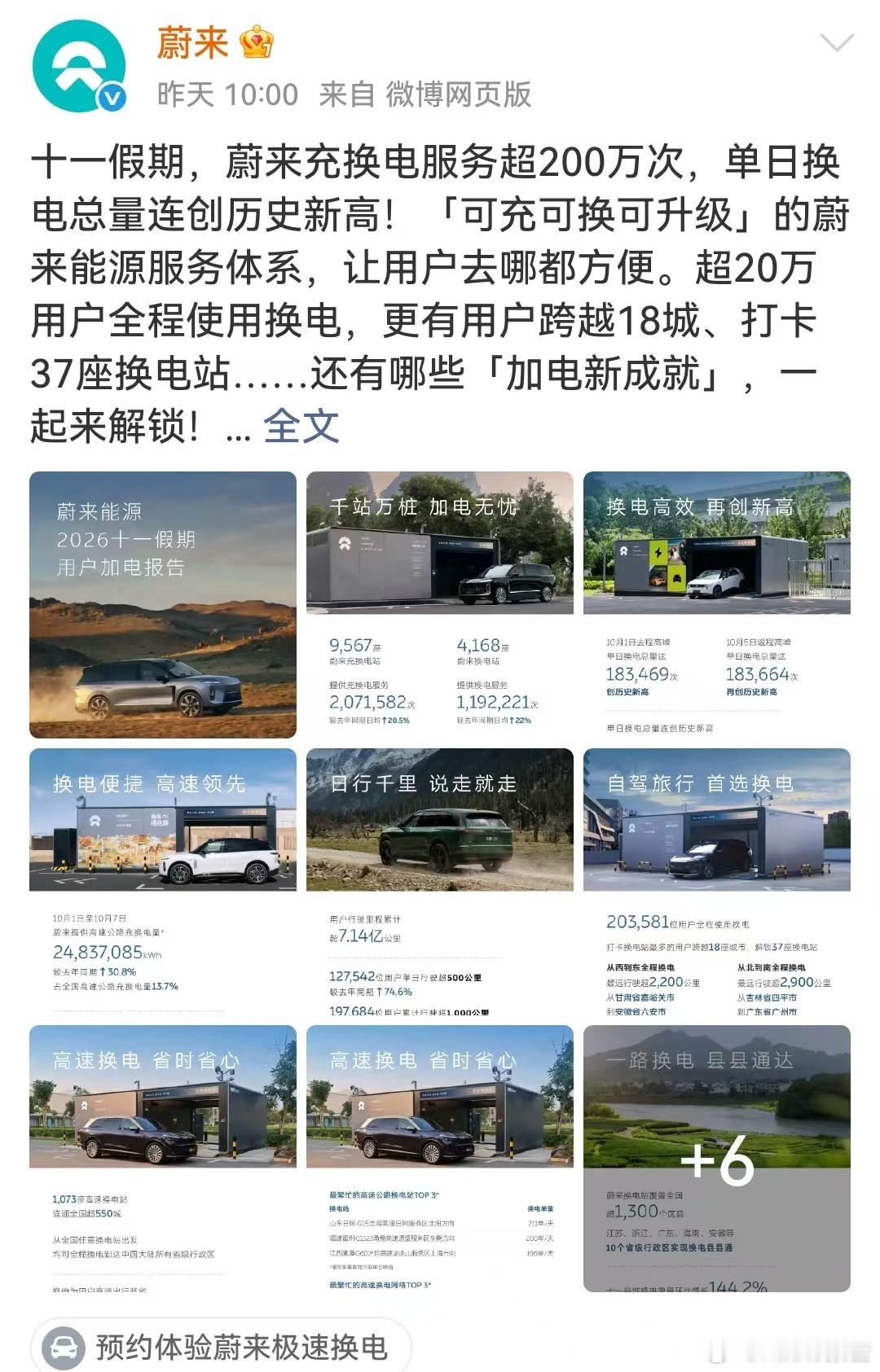 蔚来国庆单日换电超18万单国庆期间蔚来换电数据接连刷新纪录，10月5日单日换电达