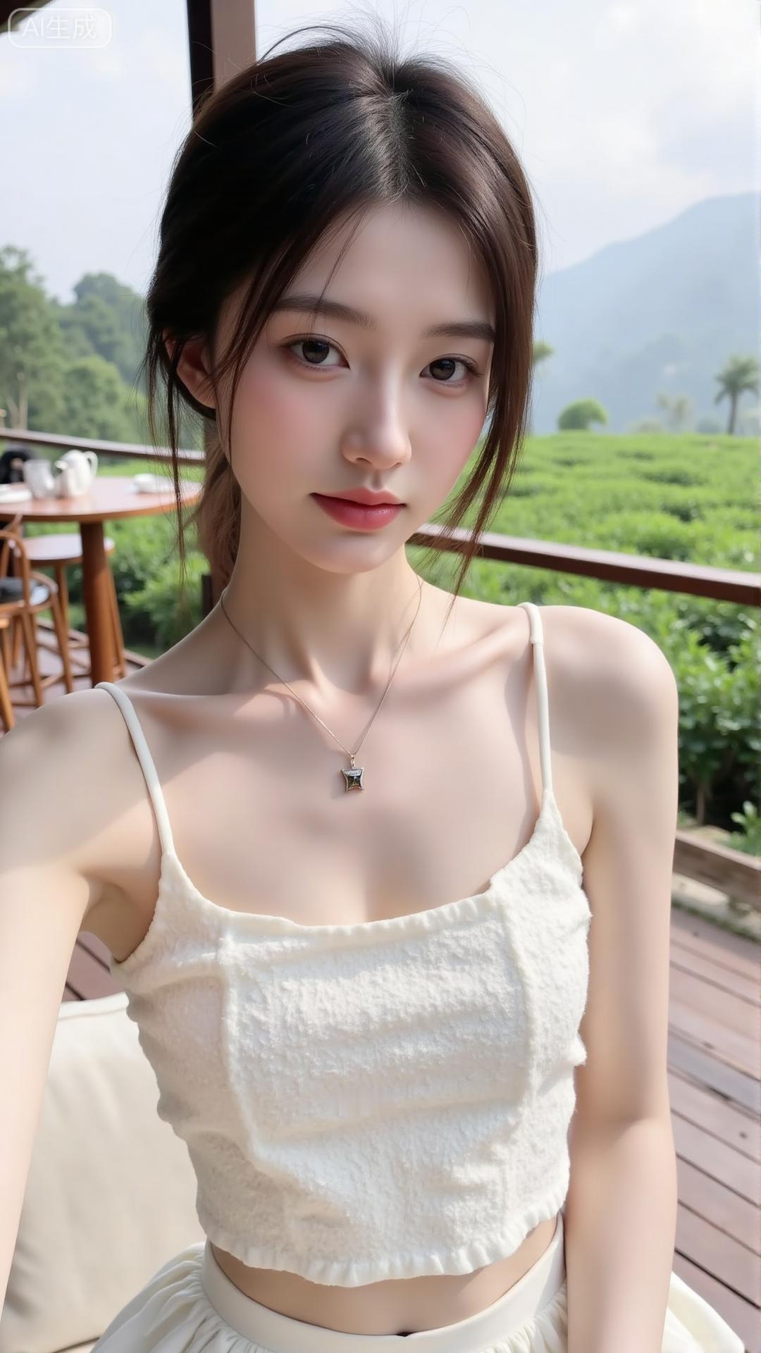 茶田风裹着白吊带，星链沾了山野的甜，发梢晃过木台的暖山坞轻甜穿搭山径氛围感穿搭