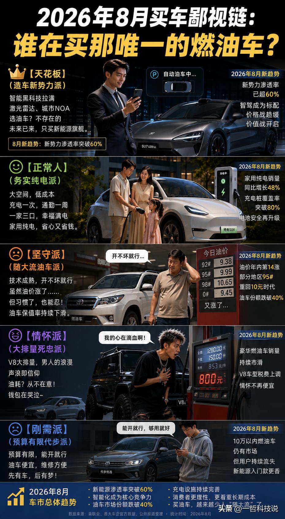 看了这张图，我发现燃油车真成8月买车鄙视链最低端了。第一类是【天花板派】，张