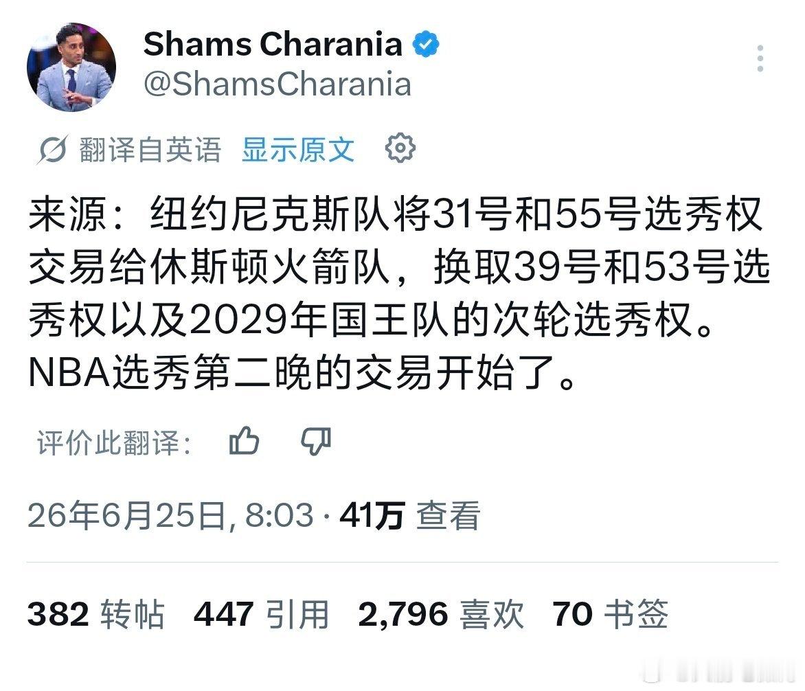 火箭交易终于来了！🚀🚀火箭将39和53号秀加上29年国王的次轮送给卫冕冠军尼