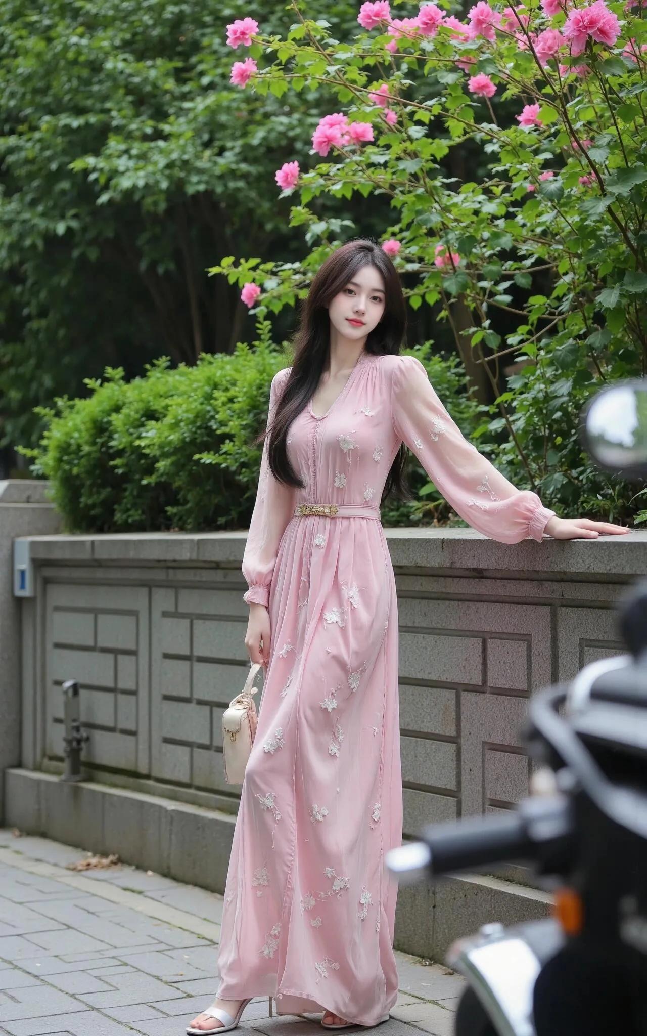 粉色长裙少女花丛中漫步优雅动人粉裙仙女温柔优雅穿搭