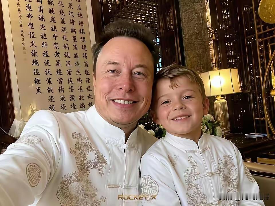 马斯克和小儿子，穿上了同款的唐装，感觉他们爷俩对我们的服饰还是比较喜欢的，包括他