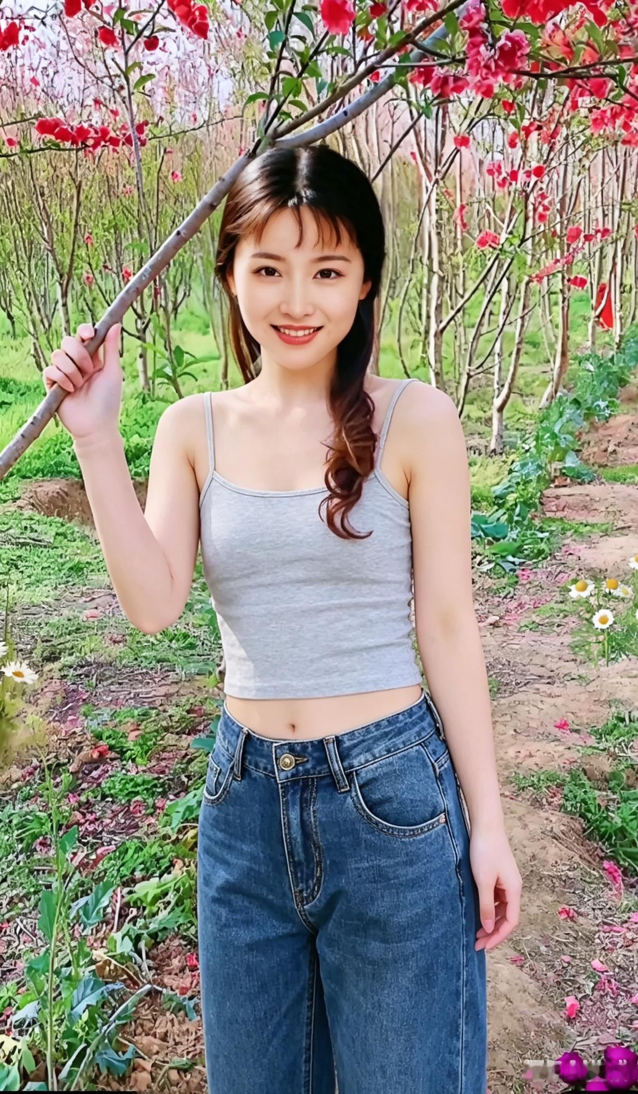 姑娘在花丛中笑，手拿树枝好开心。