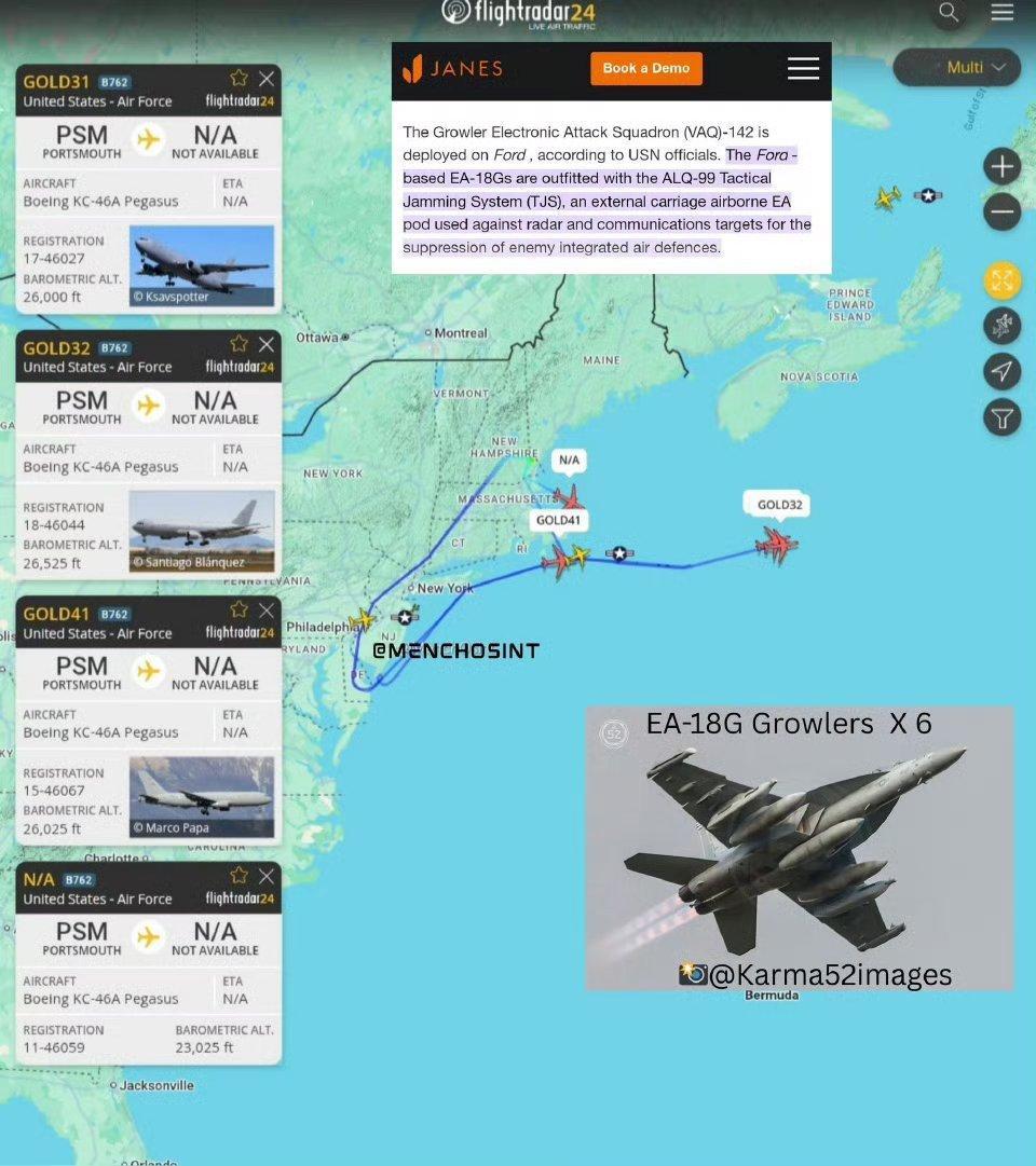 美国东海岸起飞了6架EA-18G“咆哮虫”电子战机，正在加油机支持下跨越大西洋向