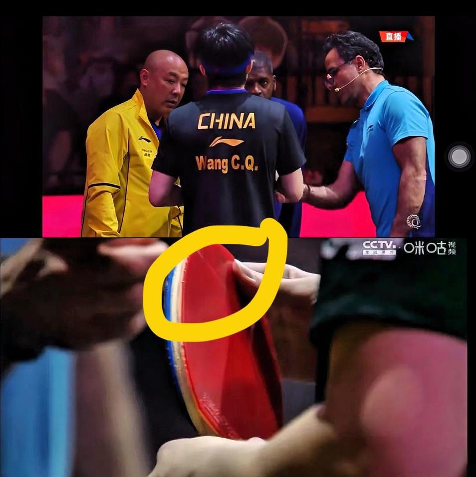 又整这出！莎头混双开赛前，王楚钦的球拍又出状况，胶皮海绵被撕开了仔细看，胶皮上