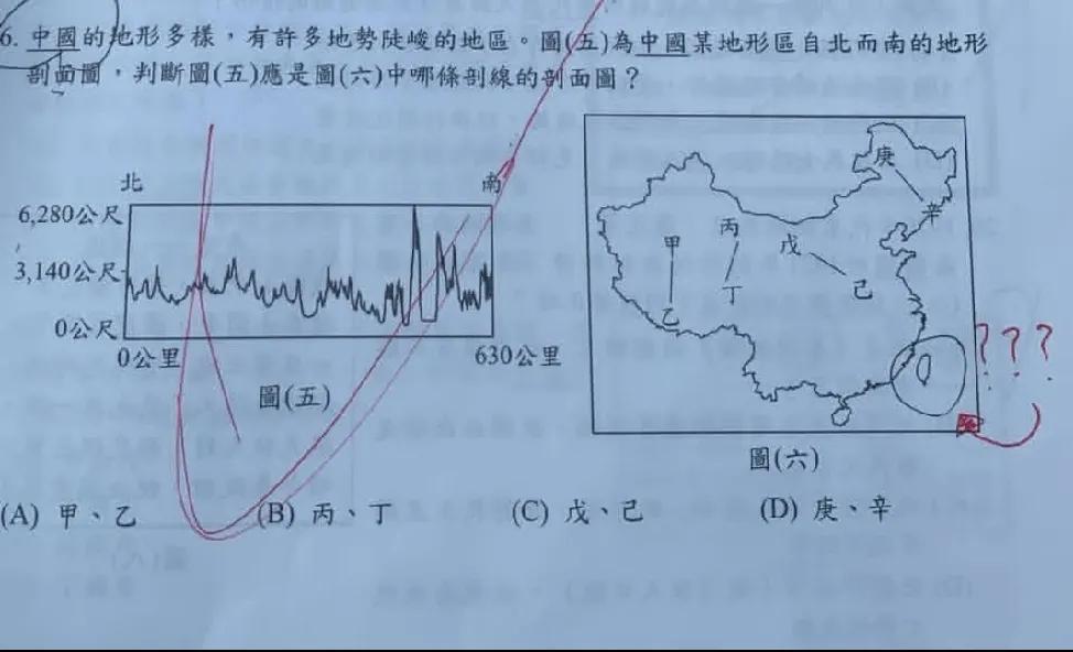 台湾一位家长哭诉称自己国中的孩子在学校地理模拟考试时，试卷题目出现了中国地形的内