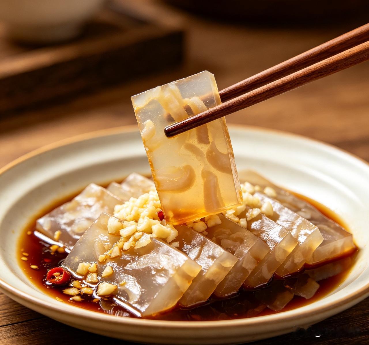猪皮刮净肥肉，冷水下锅焯水，捞出刮干净内层油脂，切成细条。猪皮和清水按1∶