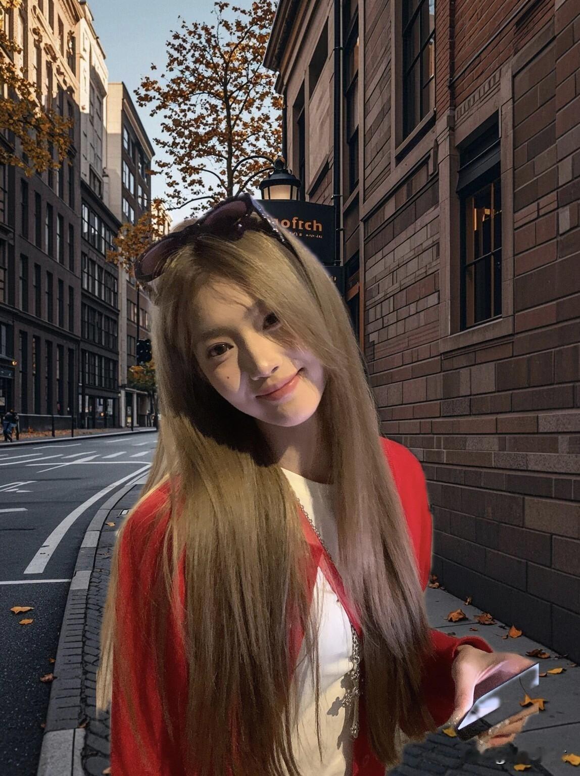 秋日街头的温柔微笑，红衣少女与城市风景的完美融合。