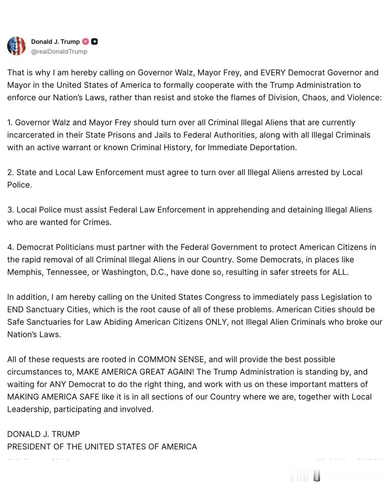 最新消息：美国总统特朗普在社交媒体发文，直接向国会以及每一位民主党籍州长和市长提