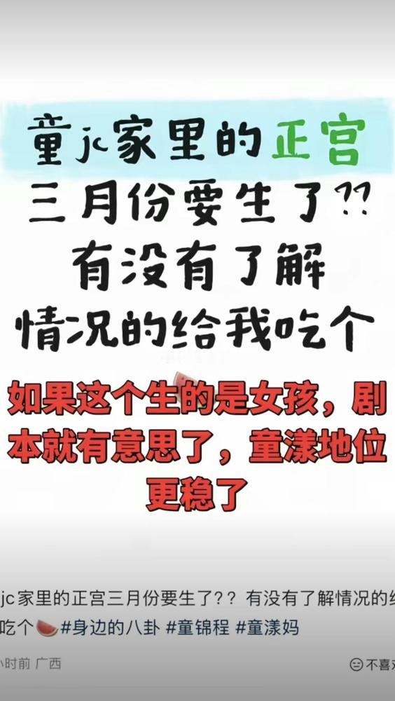 童锦程再曝新瓜，网传将迎来二胎。其现任女友为圈外白富美，目前已怀有身孕，预产