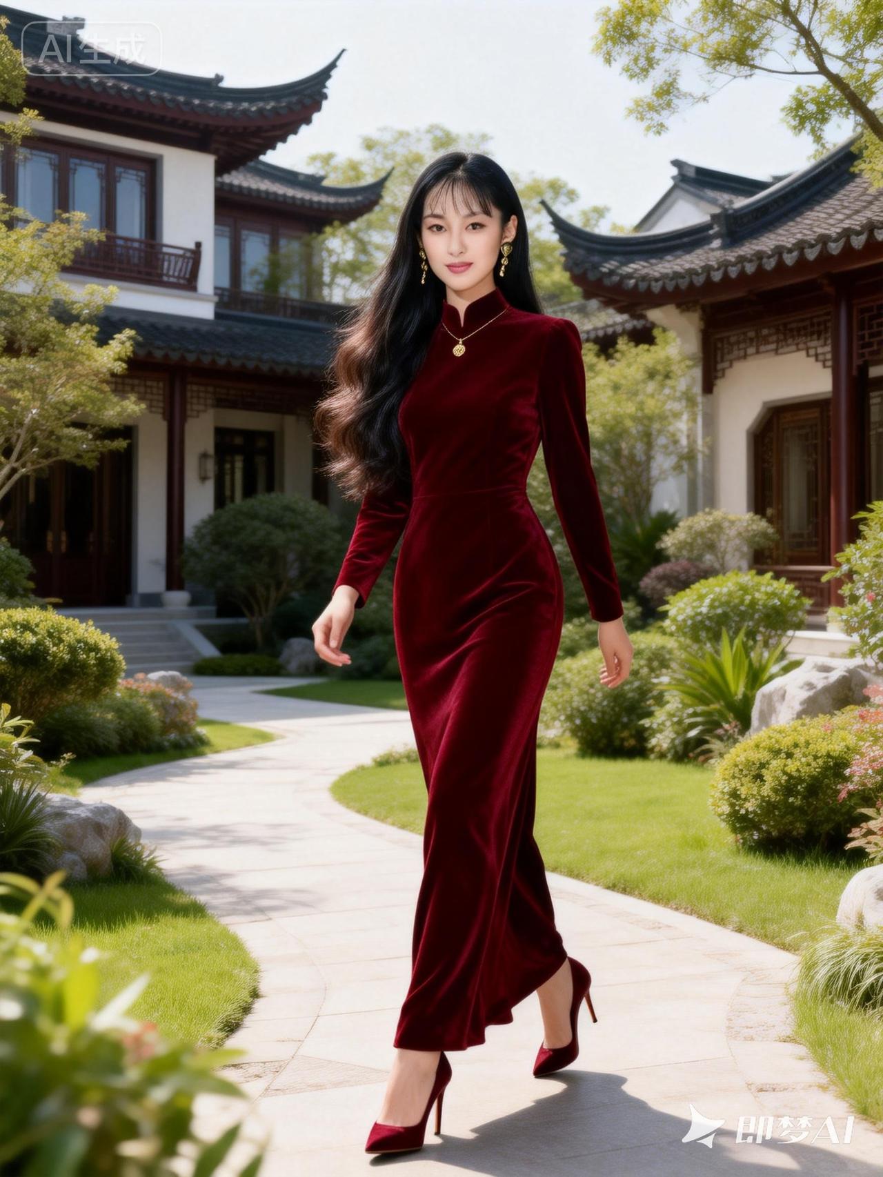 优雅红裙漫步古风庭院，尽显东方韵味