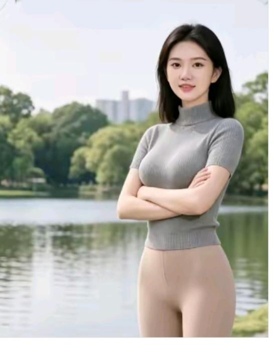 景色美湖面绿水柳在岸；远处高楼大厦望；美女独自在消遣；此处一道风景线。
