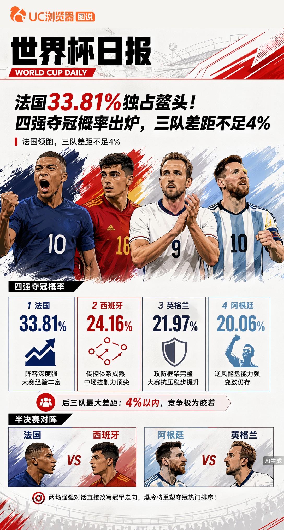 法国33.81%独占鳌头！四强夺冠概率出炉，三队差距不足4%