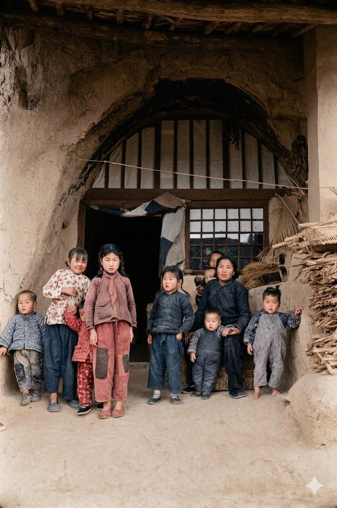 1965年，陕北延安，窑洞门前是一户陕北农家，中年妇人带着一众孩童，孩子们穿着打