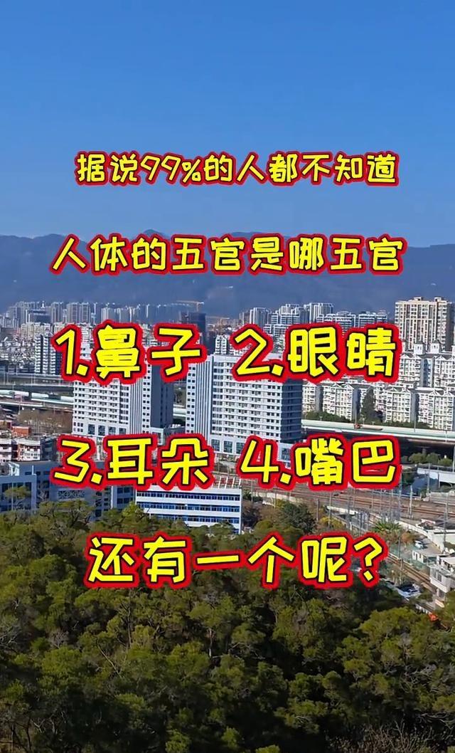 据说99%的人都不知道人体的五官是哪五官？1.鼻子。2.眼睛。3.耳朵。4.嘴巴