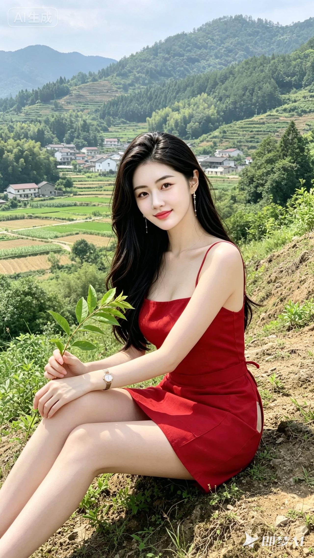 在山间小路上，红裙少女与自然亲密接触