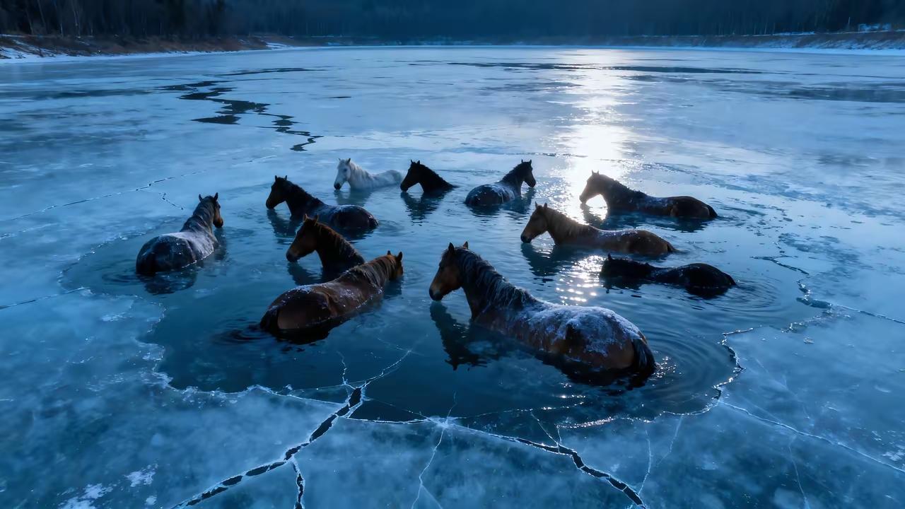 黑龙江一个70多岁的老人王先生，养了10年的13匹马在江面上喝水，江面上的冰突然