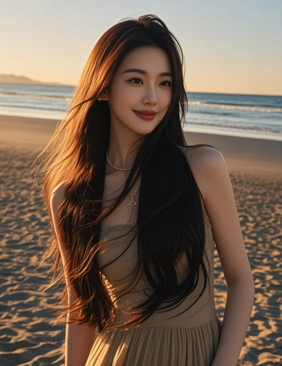 夕阳沙滩上，长发飘逸的东方女神，大牌气场尽显优雅诗意