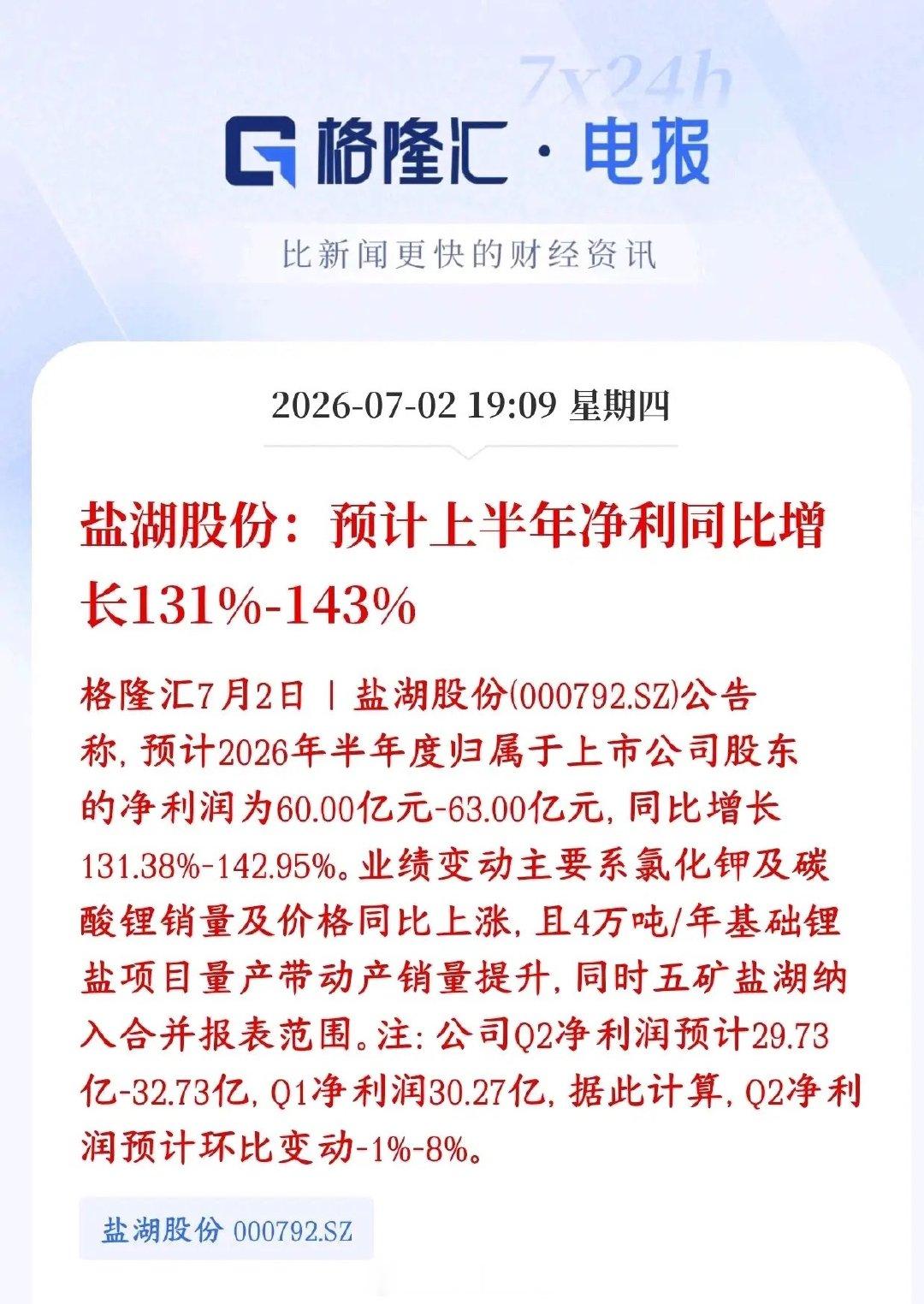 锂业龙头发布中报预告，业绩贴合市场预期，锂矿板块迎来基本面支撑盐湖股份披露202