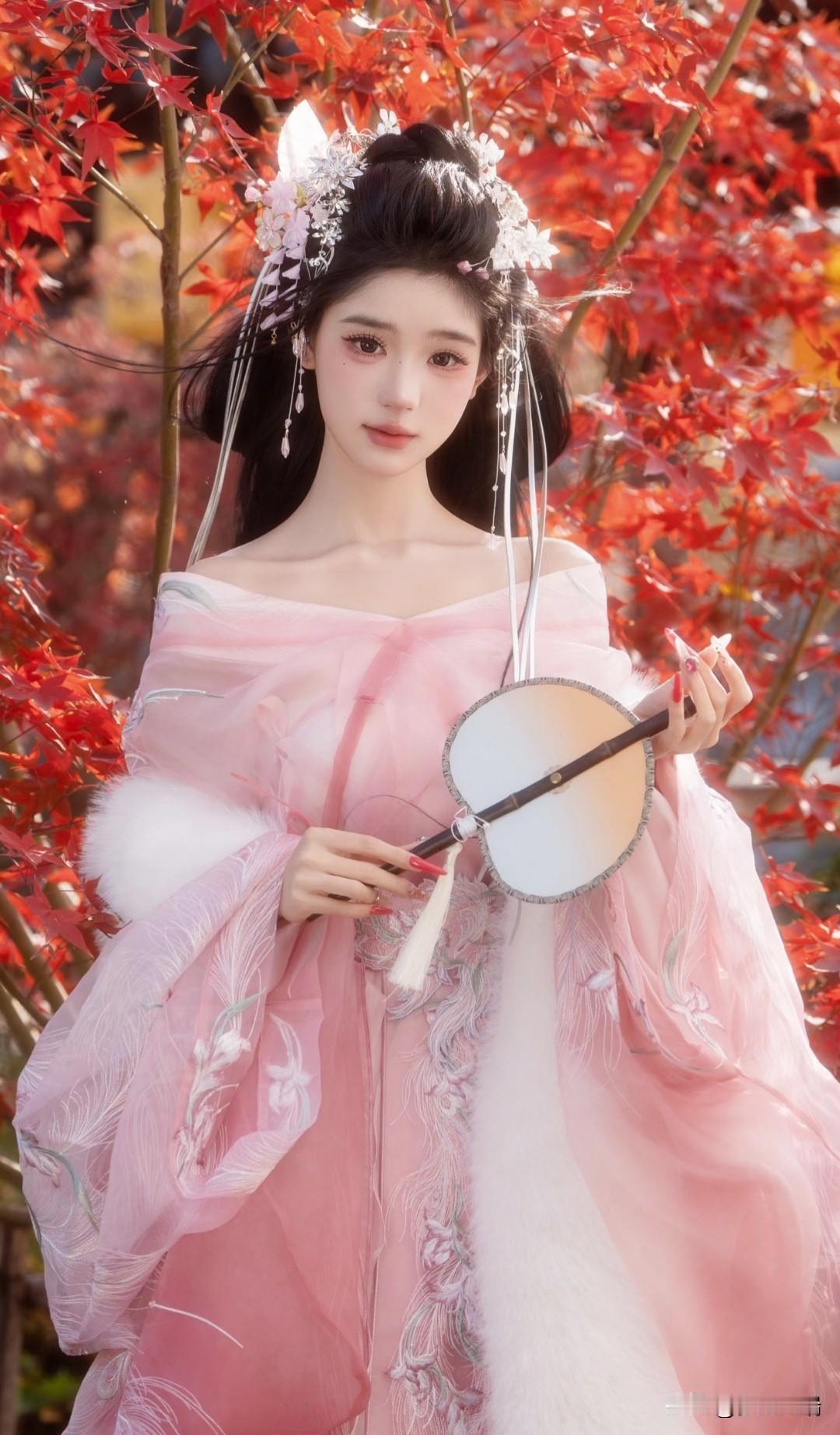 秋日红叶下的古典美人，手持团扇，宛如画中仙子。