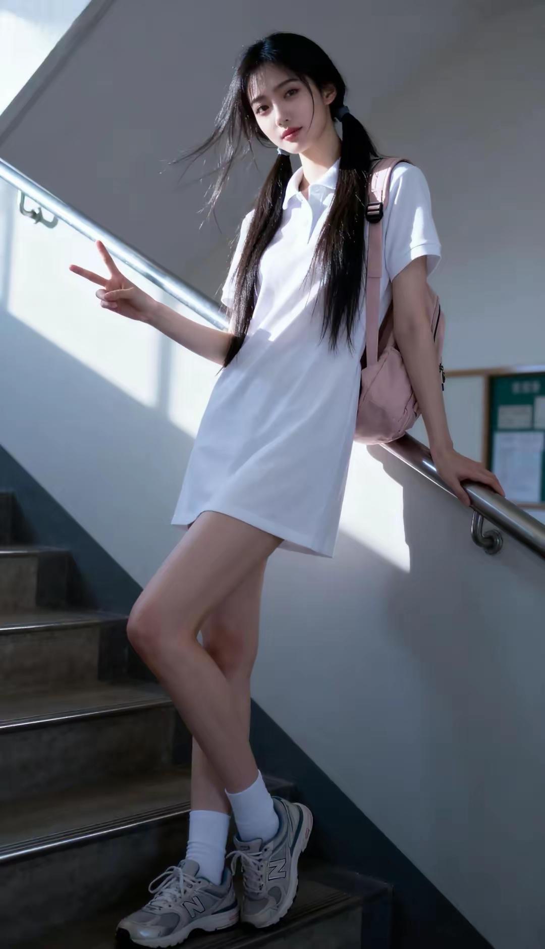 元气少女，白色校服裙搭配粉色背包，青春洋溢！😊📚👟什么汽车坐垫最好讲到养