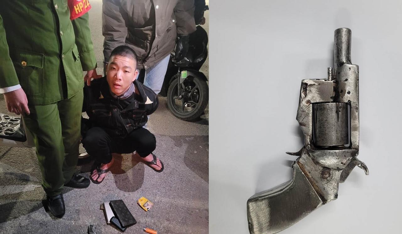 越南海防警方抓获的男子，随身携带左轮手枪。枪里四发子弹。图片来源越南清化海防网