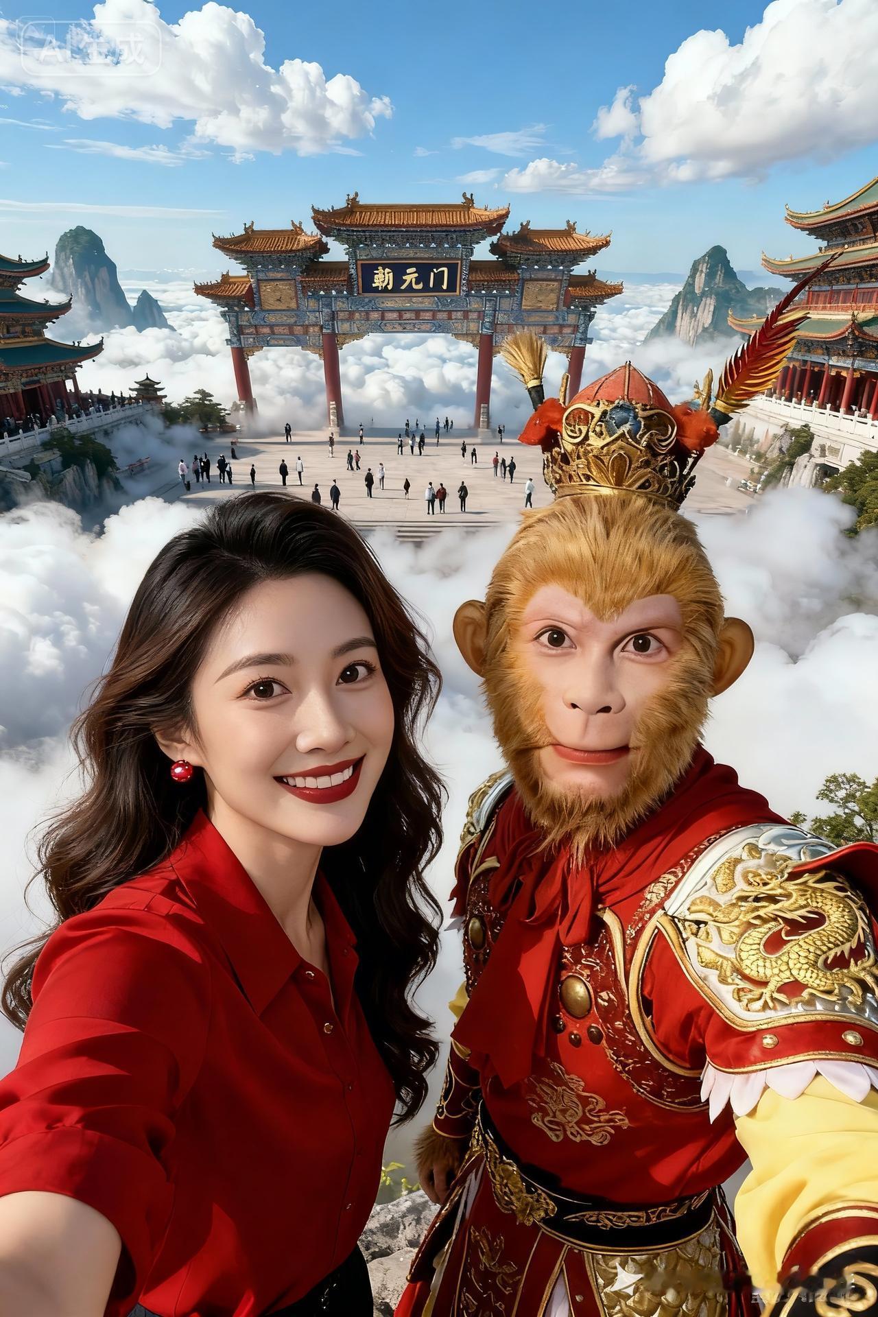 云海之上，红衣美人与猴王共舞，仙境般的武当山！🌄👗🐒