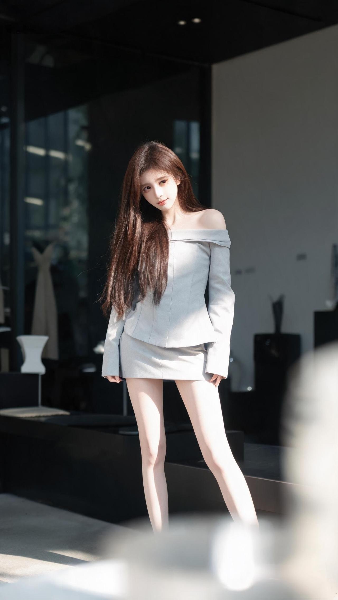 女孩子怎么穿搭既时尚又好看?阳光洒满窗台，灰色小裙装衬得长腿更绝美，这气质简
