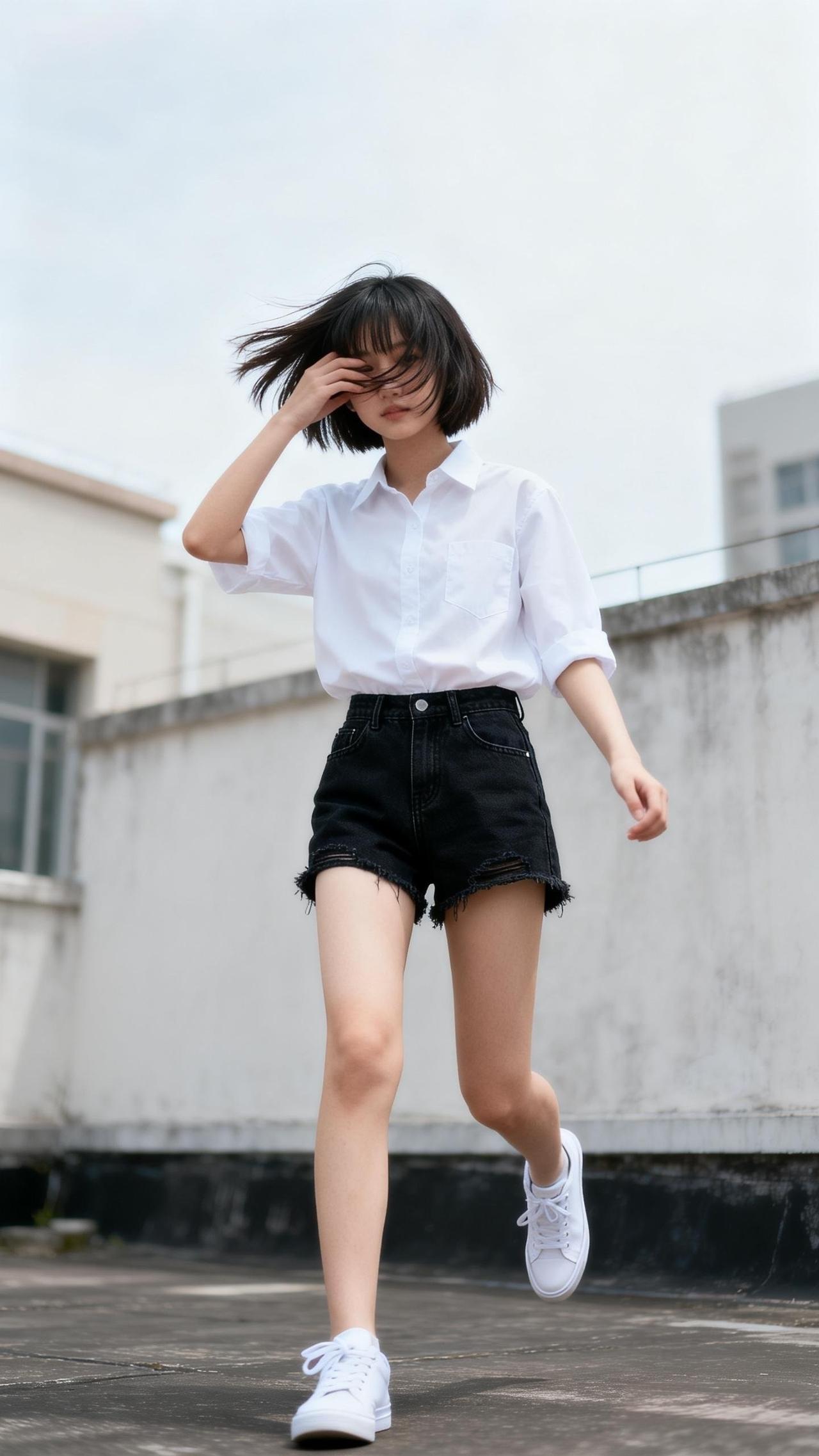 白色衬衫+黑色短裤，简约又时尚，搭配白色运动鞋，轻松自在！少女感穿搭的精髓是什么