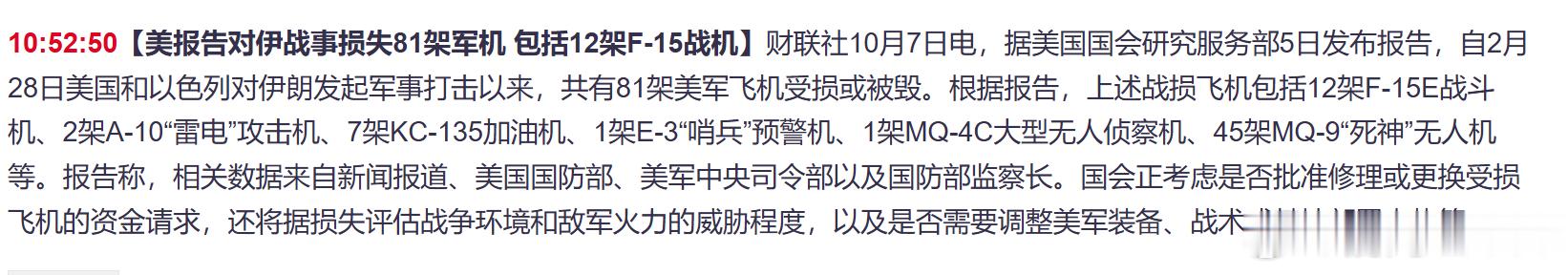 刚好销账【美报告对伊战事损失81架军机包括12架F-15战机】财联社10月7日电，据美国国会研究服务
