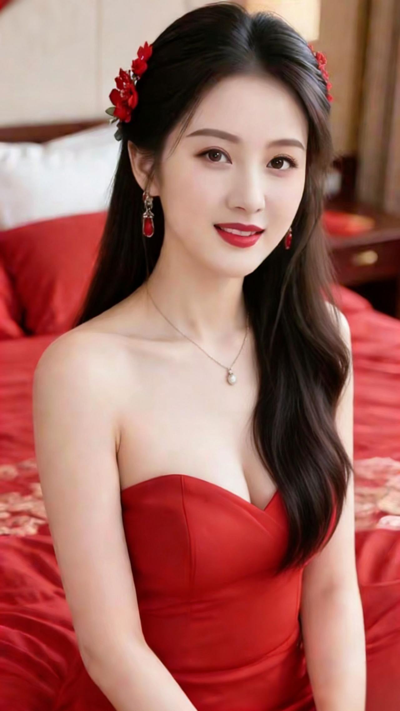 红裳映芳华一袭正红礼裙如撷取了天边赤霞，裁就出温婉的身形轮廓，莹白颈间的细